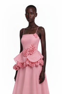 Michèle Pink Asymmetrical Maxi Dress with 3D Florals