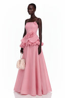 Michèle Pink Asymmetrical Maxi Dress with 3D Florals