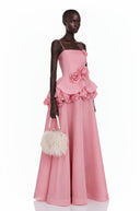 Michèle Pink Asymmetrical Maxi Dress with 3D Florals