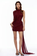 Dahlia Burgundy Asymmetrical Ruched Bodycon Mini Dress