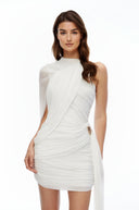 Dahlia White Asymmetrical Ruched Bodycon Mini Dress