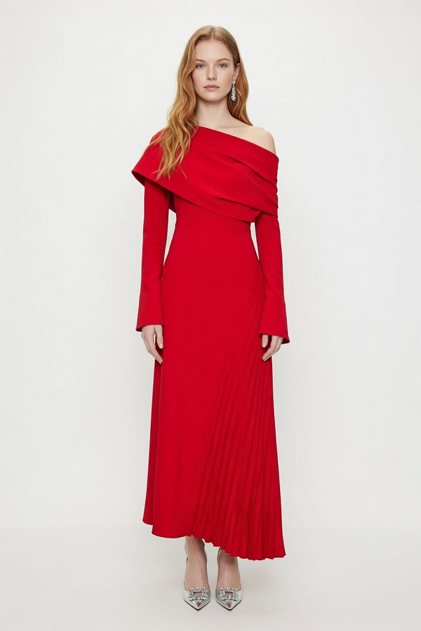 Scarlett Red Off-Shoulder Pleated Maxi Dress with Side Slit