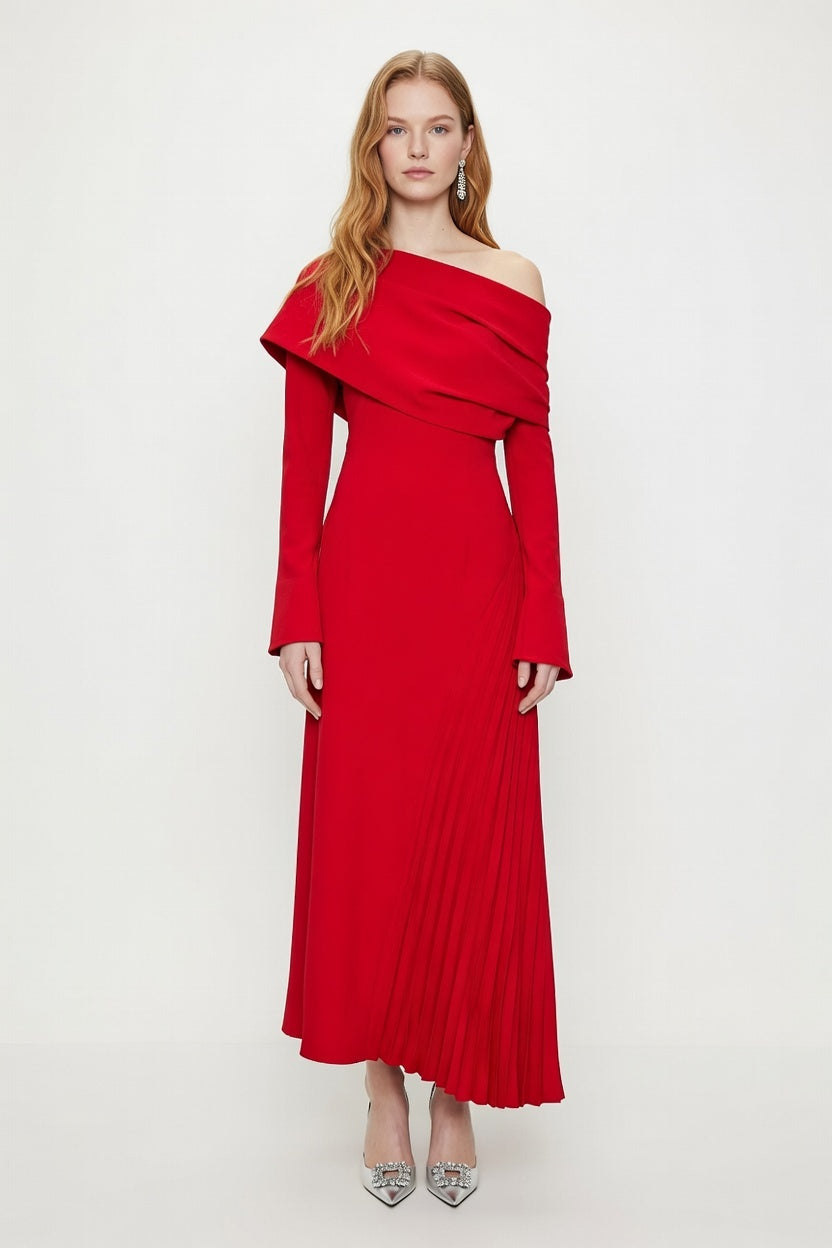 Scarlett Red Off-Shoulder Pleated Maxi Dress with Side Slit