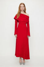 Scarlett Red Off-Shoulder Pleated Maxi Dress with Side Slit