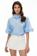 Fern Blue Short Sleeve Blouse with 3D Florals