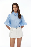 Fern Blue Short Sleeve Blouse with 3D Florals
