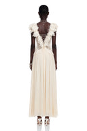 Néomie Ivory V-Neck Ruffled Maxi Dress with Lace Trim