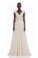 Néomie Ivory V-Neck Ruffled Maxi Dress with Lace Trim