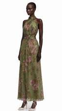 Edwina Green Mock Neck Ruched Maxi Dress with Floral Print