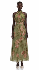 Edwina Green Mock Neck Ruched Maxi Dress with Floral Print