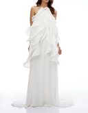 White Halterneck Ruffled Maxi Dress