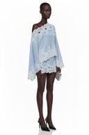 Krystèle Blue One Shoulder Top & Skirt Set with Lace Trim