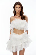 Jéromine White Bustier Top & Ruffled Skirt Set with 3D Florals