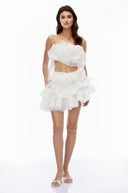 Jéromine White Bustier Top & Ruffled Skirt Set with 3D Florals
