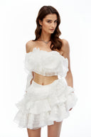 Jéromine White Bustier Top & Ruffled Skirt Set with 3D Florals