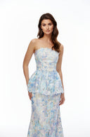 Cosette Blue Floral Strapless Peplum Maxi Dress