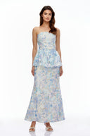 Cosette Blue Floral Strapless Peplum Maxi Dress
