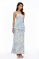 Cosette Blue Floral Strapless Peplum Maxi Dress