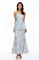 Cosette Blue Floral Strapless Peplum Maxi Dress