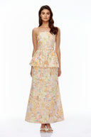 Cosette Orange Floral Strapless Peplum Maxi Dress