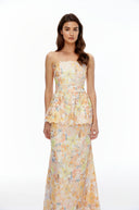 Cosette Orange Floral Strapless Peplum Maxi Dress