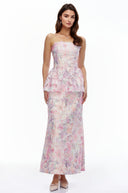 Cosette Pink Floral Strapless Peplum Maxi Dress