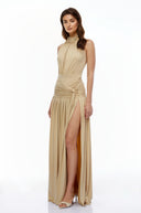 Douce Champagne Halterneck Ruched Maxi Dress with Side Slit