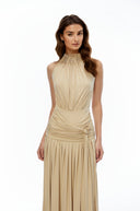 Douce Champagne Halterneck Ruched Maxi Dress with Side Slit