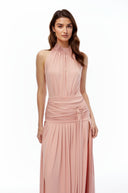 Douce Pink Halterneck Ruched Maxi Dress with Side Slit