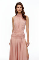 Douce Pink Halterneck Ruched Maxi Dress with Side Slit