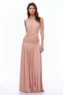 Douce Pink Halterneck Ruched Maxi Dress with Side Slit