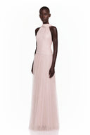 Téodora Pink Halterneck Lace Maxi Dress with Cape