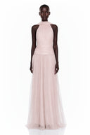 Téodora Pink Halterneck Lace Maxi Dress with Cape