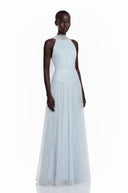 Téodora Baby Blue Halterneck Lace Maxi Dress with Cape