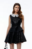 Gia Black Sequin Lace Trim Mini Dress