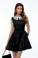 Gia Black Sequin Lace Trim Mini Dress