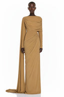 Avril Khaki Long Sleeve Draped Maxi Dress with Cape