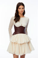 Ginette Cream Color Block Puffball Mini Dress