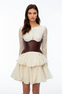 Ginette Cream Color Block Puffball Mini Dress