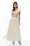 Krystèle Ivory V-Neck Ruffled Maxi Dress with Lace Trim