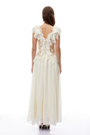 Krystèle Ivory V-Neck Ruffled Maxi Dress with Lace Trim