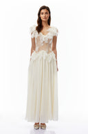 Krystèle Ivory V-Neck Ruffled Maxi Dress with Lace Trim