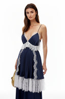 Ghislaine Navy Blue Ruffled Maxi Dress with Lace Trim