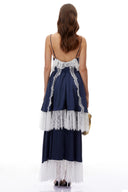Ghislaine Navy Blue Ruffled Maxi Dress with Lace Trim