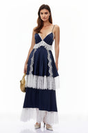 Ghislaine Navy Blue Ruffled Maxi Dress with Lace Trim