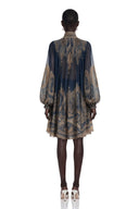Berta Blue Baroque Print High Neck Mini Dress