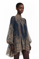 Berta Blue Baroque Print High Neck Mini Dress