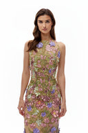 Violeta Nude Halterneck Maxi Dress with 3D Florals