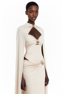 Zinnia White Ruched Maxi Dress & Cape Set with Metal Hardware