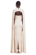 Zinnia White Ruched Maxi Dress & Cape Set with Metal Hardware